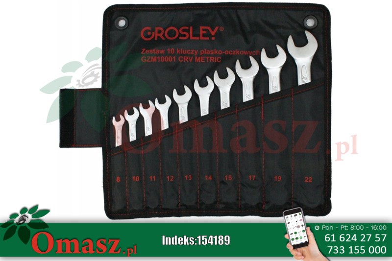 Zestaw 10 kluczy płasko-oczkowych Grosley, 12-kątne, metryczne GZM10001