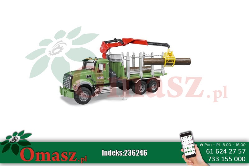 Bruder 02824 Mack Granite z przyczepą, żurawiem i pniami