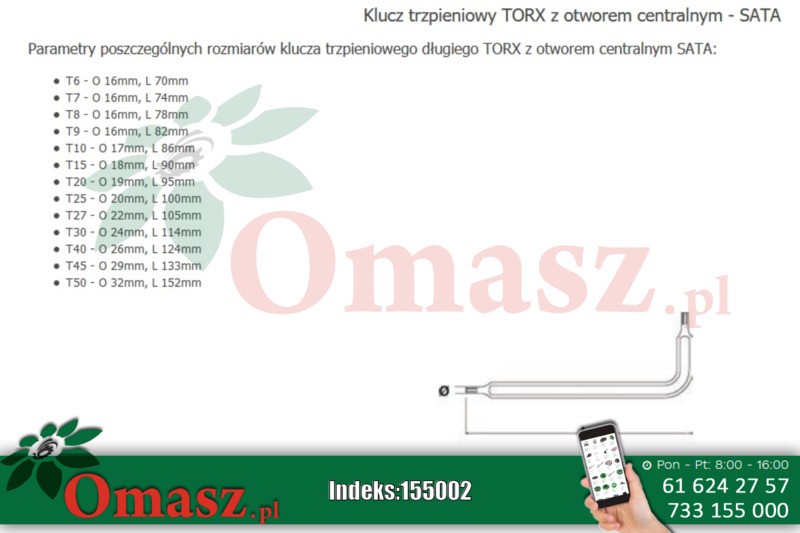 Klucz trzpieniowy długi T10 typu L TORX z otworem centralnym Sata S84505