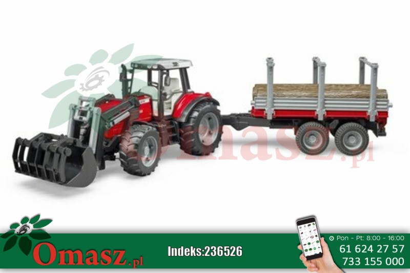 Traktor MF7480 z ładowaczem i przyczepą do drzewa